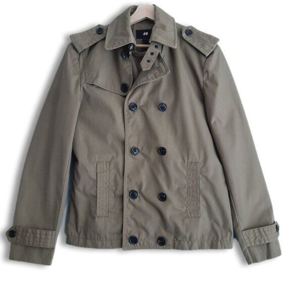 H&M Peacoat Classic Jacket Coat Sage Green Grey Poly Cotton Blend Mens Sz M | 38 - Picture 1 of 16